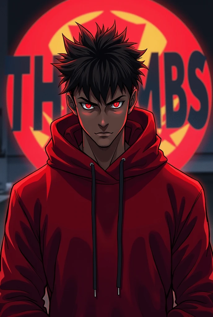 Man with red eyes, dark brown skin, dark brown hair, red sweatshirt, behind him a logo saying THUMBS EDITION, not anime style