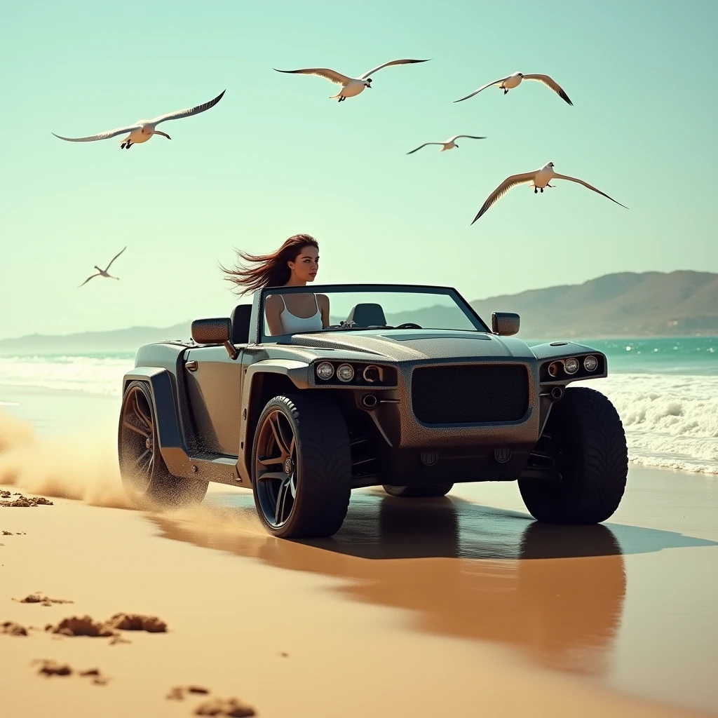 Hot brunette hair driving on the beach of Tlemcen in Algeria. Car driven it is hummer military carbon convertible, high quality, high details, our hair blowing in the wind early in the morning, with the seagulls flying above.