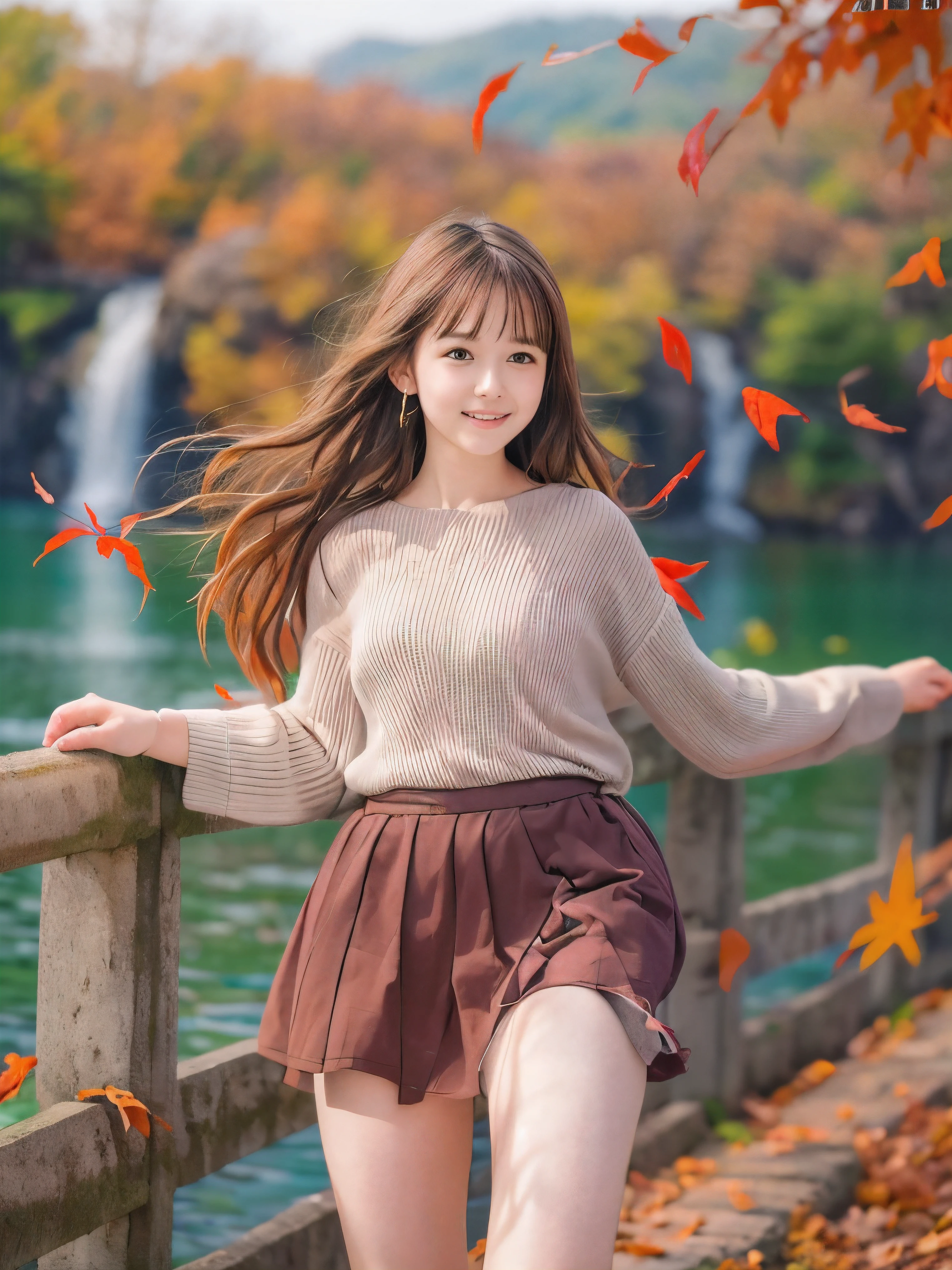 (Close up face shot of one slender small breasts red brown wavy long hair with dull bangs girl in a long sleeves shirt and sweater and skirt:1.5)、(One girl is dancing with happy smile on the dart road near the lake and big waterfall in Japan:1.5)、(Beautiful autumn red leaves landscpe:1.5)、(Natural light:1.5)、(8k ultra detailed master piece:1.5)、(perfect anatomy:1.5)、(Photorealistic stick:1.5)、(Raw photo:1.3)、(highest quality:1.5)、(High resolution:1.3)、(Delicate and beautiful perfect face:1.3)、(Delicate and beautiful eye air skin:1.3)、(Real Human Skin:1.3)、((thin legs))