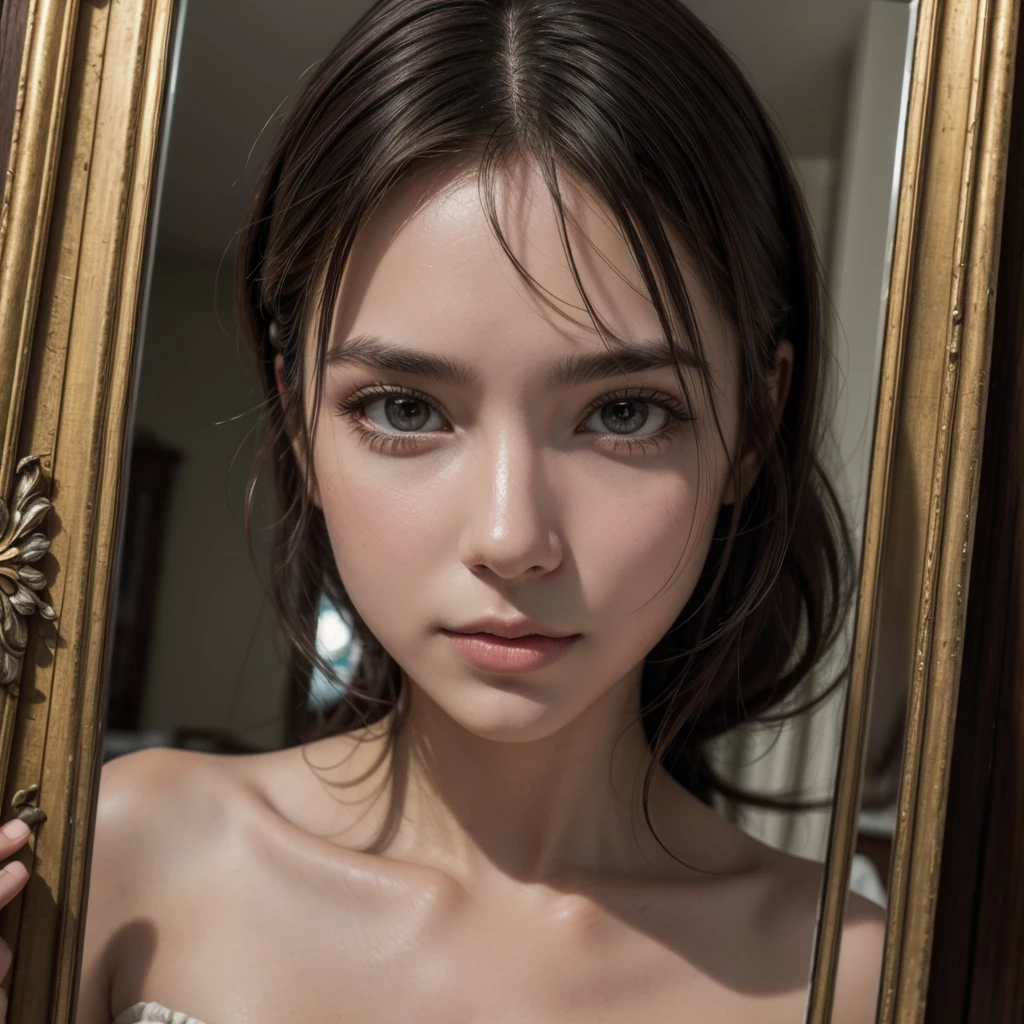 Close-up of a woman with an antique mirror in her hands