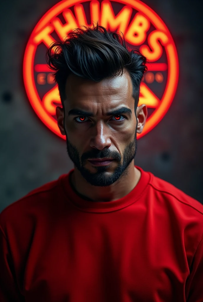 a man with red eyes, dark brown skin, dark brown hair, wearing a red sweatshirt, behind him a logo saying THUMBS EDITION, cinematic lighting, high fantasy, detailed facial features, dramatic pose, dramatic lighting, dark color scheme, atmospheric, moody, photorealistic, 8k, best quality, ultra-detailed