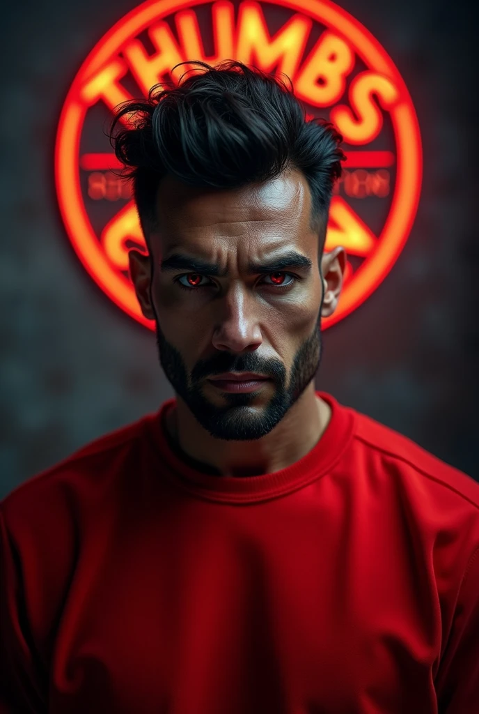 a man with red eyes, dark brown skin, dark brown hair, wearing a red sweatshirt, behind him a logo saying THUMBS EDITION, cinematic lighting, high fantasy, detailed facial features, dramatic pose, dramatic lighting, dark color scheme, atmospheric, moody, photorealistic, 8k, best quality, ultra-detailed