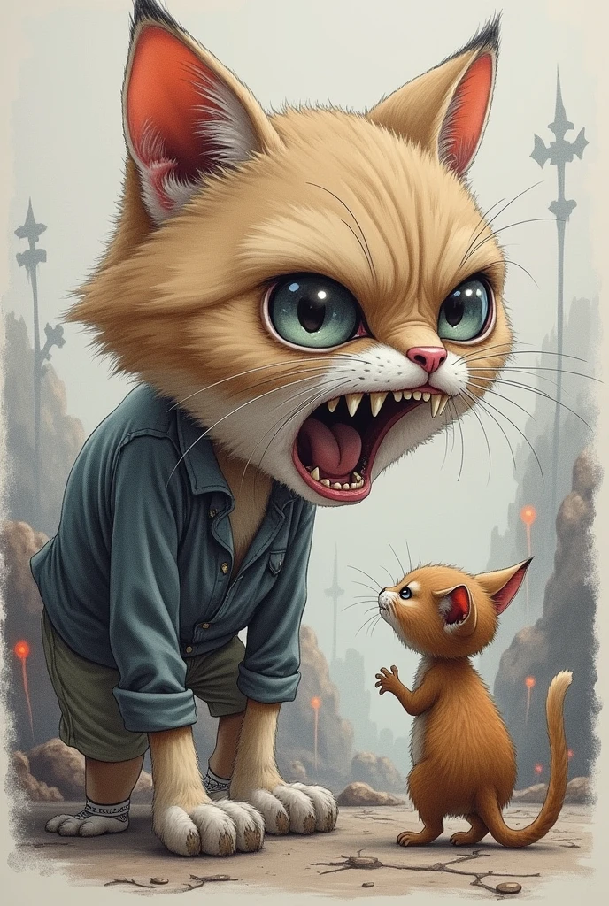 Surrealist drawing of a cute and angry cat, with a scratch scar on the eye, fighting against a foreigner