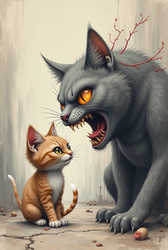 Surrealist drawing of a cute and angry cat, with a scratch scar on the eye, fighting against a foreigner