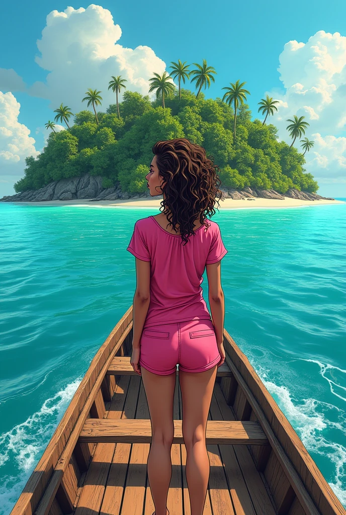 A small boat heading towards an island with a beach and forests in the center, the tanned skinned woman, yellow eyes and messy curly hair is on top of the boat, she is standing with her back turned looking at the island as if she were reflecting and thoughtful, woman in pink blouse and shorts, the sky is blue and the sun is shining, I want vibrant and very eye-catching colors, comic book style.