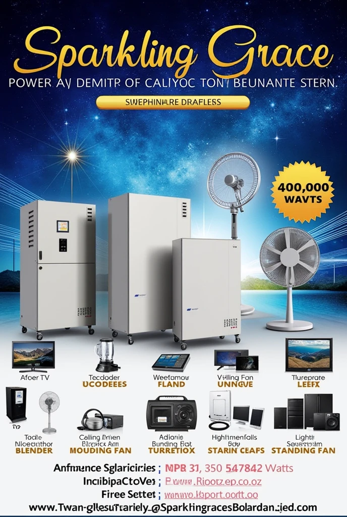 Create a poster advertising  sparkling Grace solar system, 

You can get a solar system of 400,000 that can power
TV, decoder, blender, ceiling fan, standing fan, sound system and lightning , phone number 08068673745