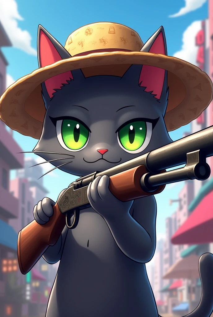 Gray cat with green eyes anime in free fire theme with straw hat on head, with a 12 gauge gun in his hand