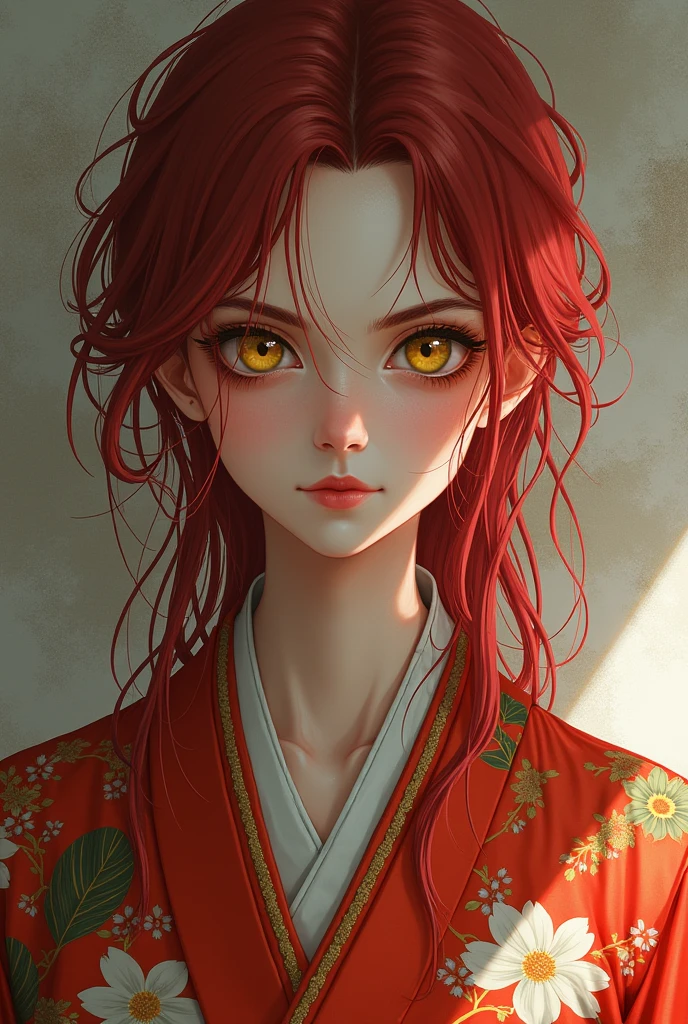 Young girl of 20 years, Pale skin, long, disheveled red hair, intense yellow eyes, She has red makeup on her eyelids, with a serious expression but with a small smile dressed, with a kimono with flowers and trees.