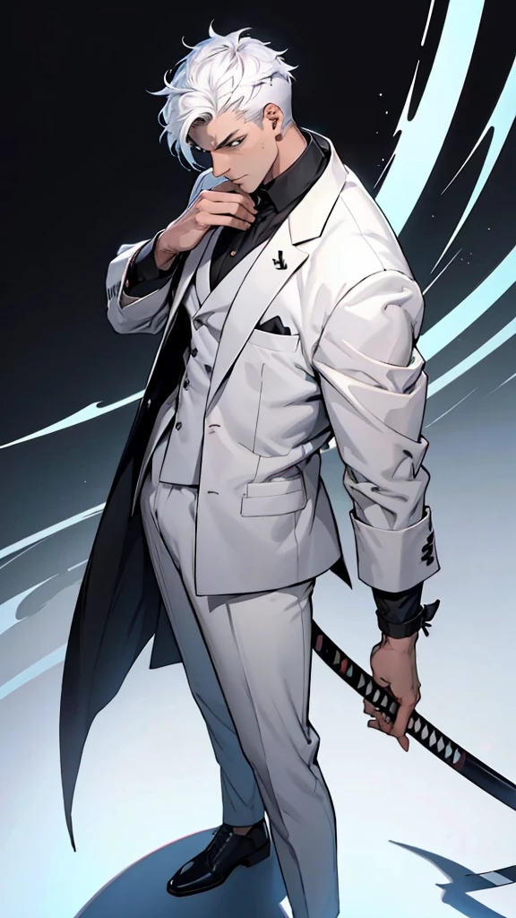 Age 2 Gender Male Appearance strong and scary He is wearing a smart white suit that contrasts with his polished black shoes.
Your hair is very short and black, complementing your sophisticated style.
He has a prominent scar on his face., that adds an air of mystery and experience to your look.
He holds two katanas, one in each hand, He is in an alert posture, preparado para o combate, with an intense and serious look