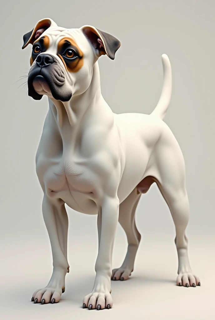 Generate a dog that is a Boxer breed of dog that is white with a brown spot on the eye
