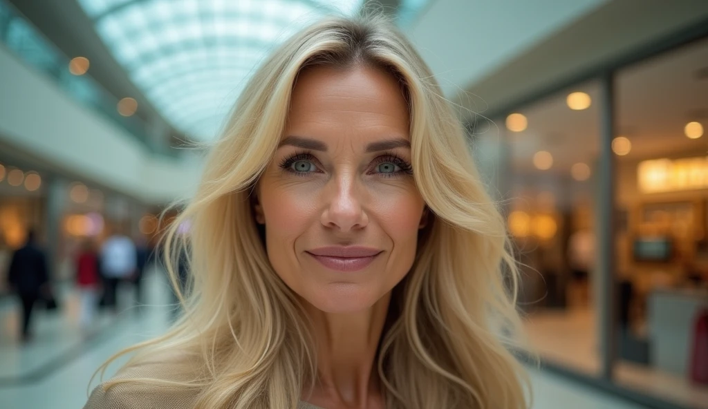 a woman in her 50s, long blonde hair, Blue-green eyes, shopping, face detailed, realisitic, photorealisitic, 8k, work of art, high qualiy, studio lighting, bright coloured, warm light, classy fashion, shopping mall interior, glass windows, Reflections, City skyline background