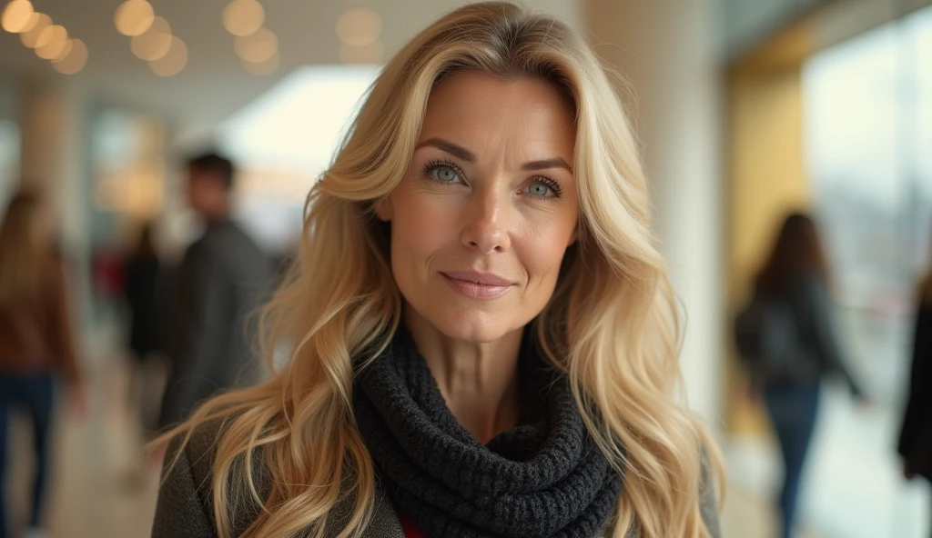 a woman in her 50s, long blonde hair, Blue-green eyes, shopping, face detailed, realisitic, photorealisitic, 8k, work of art, high qualiy, studio lighting, bright coloured, warm light, classy fashion, shopping mall interior, glass windows, Reflections, City skyline background