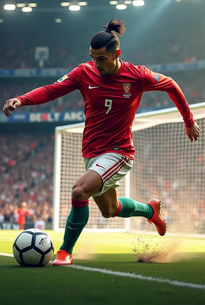 Cristiano Ronaldo chutando uma bola em direção ao gol, motion blur, Action painting, Pop art, sideways, cinematic lighting, UHD, high details, super detail, anatomically correct, accurate