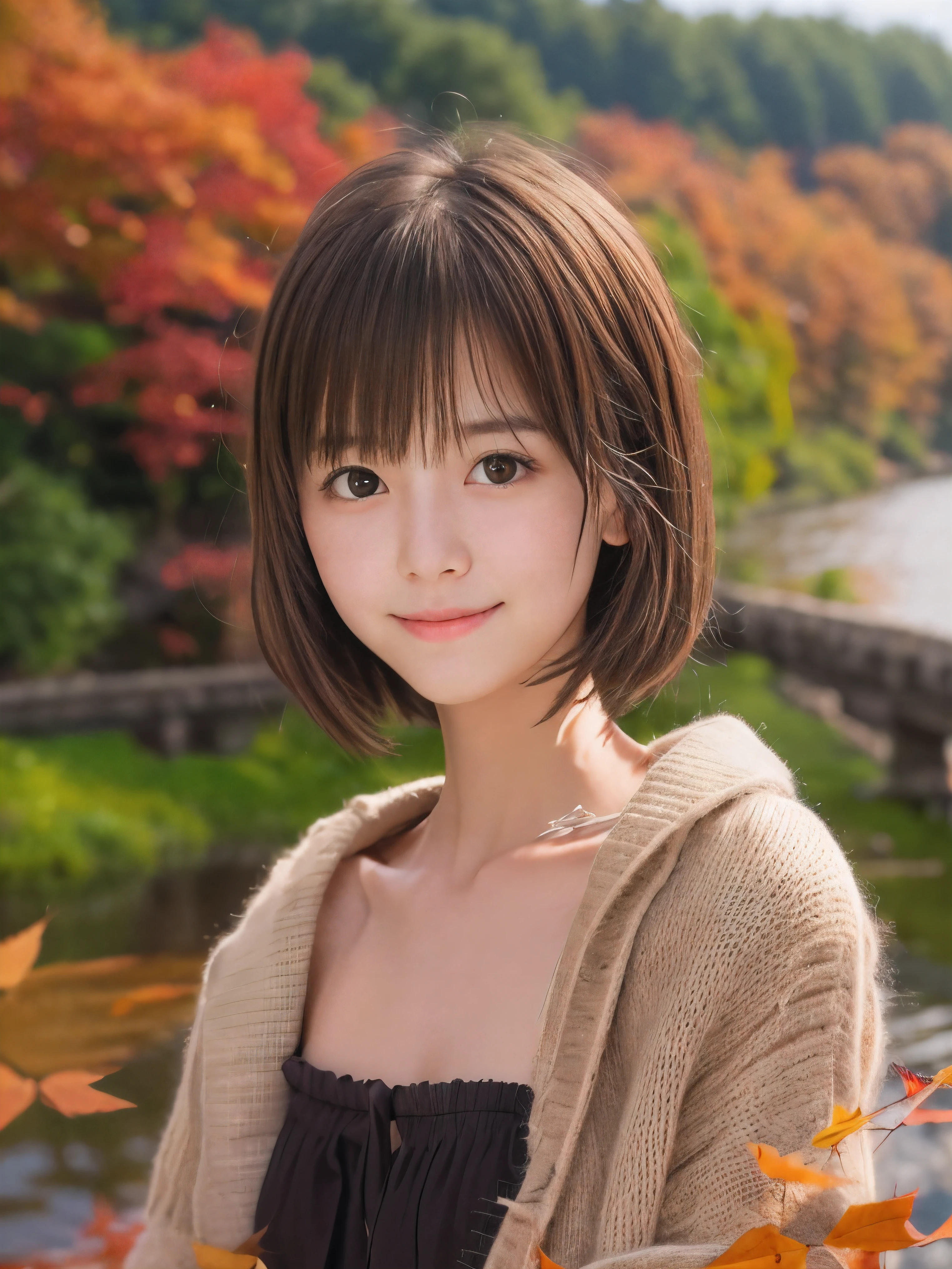 (Close up face shot of one slender small breasts round face brown short hair with bangs girl in a long sleeves shirt and sweater and skirt:1.5)、(One girl is leaning forward with happy smile on the dart road near the beautiful lake in Japan:1.5)、(Beautiful autumn red leaves landscape:1.5)、(Natural light:1.5)、(8k ultra detailed master piece:1.5)、(perfect anatomy:1.5)、(Photorealistic stick:1.5)、(Raw photo:1.3)、(highest quality:1.5)、(High resolution:1.3)、(Delicate and beautiful perfect face:1.3)、(Delicate and beautiful eye air skin:1.3)、(Real Human Skin:1.3)、((thin legs))