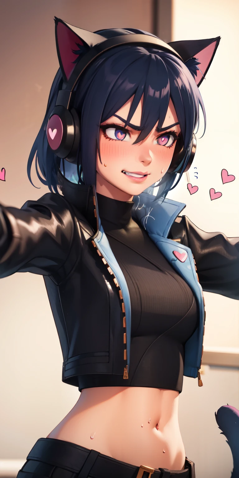 1girl,heart-shaped pupils,heart-shaped_pupils,blue hair,pink eyes, eyeshadow, (blush:1.1),upper body,trembling, outstretched arms, sweat,sweatdrop,heart,(speed lines:1.1),medium breasts, ((heavy breathing:1.3)), love, heart, black jacket, jacket crop top, cat ears headphones, black crop top, angry, purple lips, evil smile