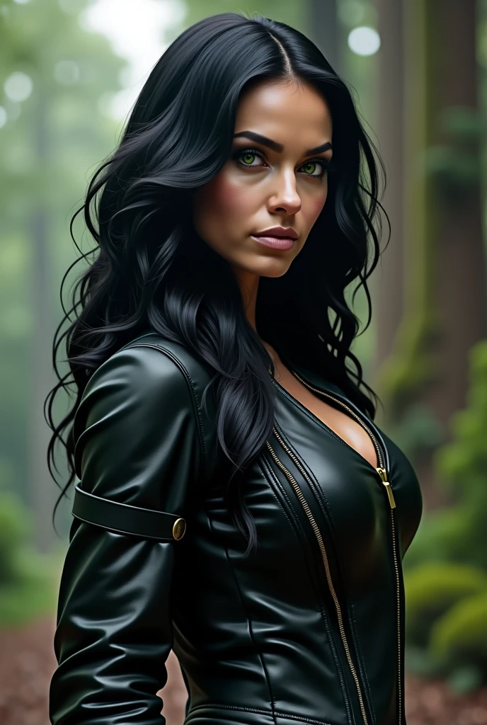 Raven Blackwood. She is an Avengers heroine. Bblack hair, intense and silky, falls in natural waves to the shoulders. His eyes are an intense green, almost emerald, that shines with an almost mysterious intensity. athletic physical structure, defined muscles and a confident posture. Likes to wear black leather clothes and jeans. He's always with his guitar. create Raven's image