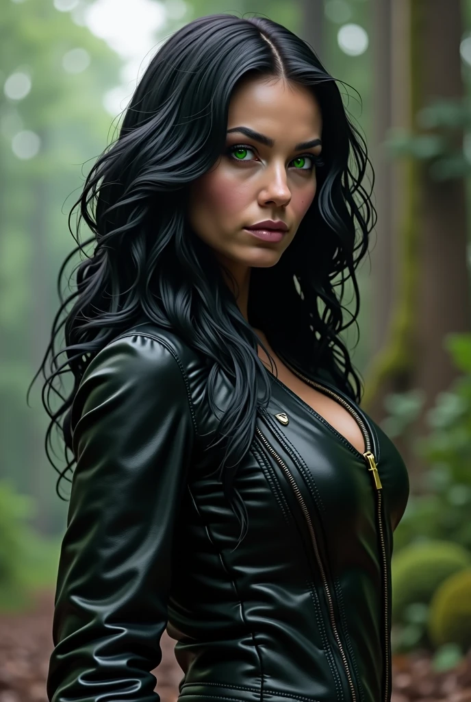 Raven Blackwood. She is an Avengers heroine. Bblack hair, intense and silky, falls in natural waves to the shoulders. His eyes are an intense green, almost emerald, that shines with an almost mysterious intensity. athletic physical structure, defined muscles and a confident posture. Likes to wear black leather clothes and jeans. He's always with his guitar. create Raven's image