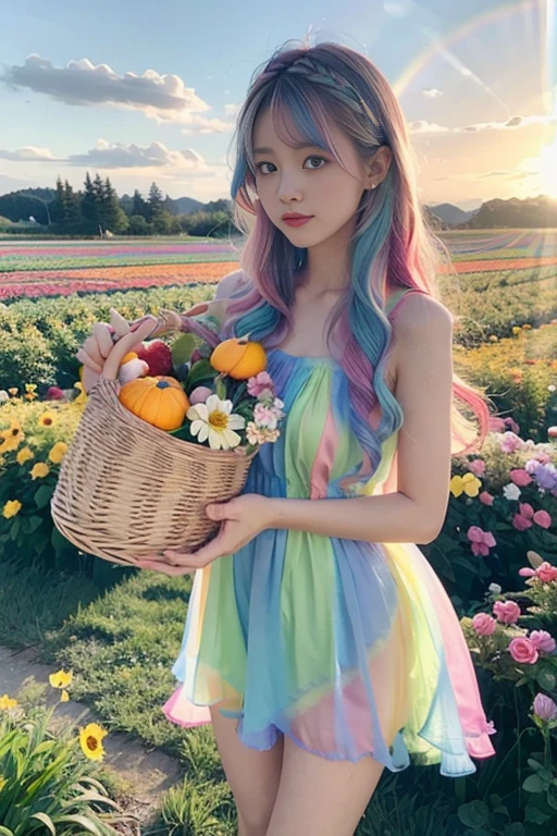 Highest quality,High resolution,A Japanese girl standing in a flower field holding a basket of fruit and flowers, Two-tone hair, long hair with pastel colours, aurora Colored Hair, Colorful pastels, Hair Color, multiColored Hair, Colorful long hair, Two-tone hair dye, Colorful Hair, Gradient Hair, pastel colour, Colored Hair, Bright rainbow hair colors,One-piece dress with frills,The background is a sparkling rainbow in a clear blue sky.:1.5,A large rainbow-colored pumpkin grows in a flower field:1.5
