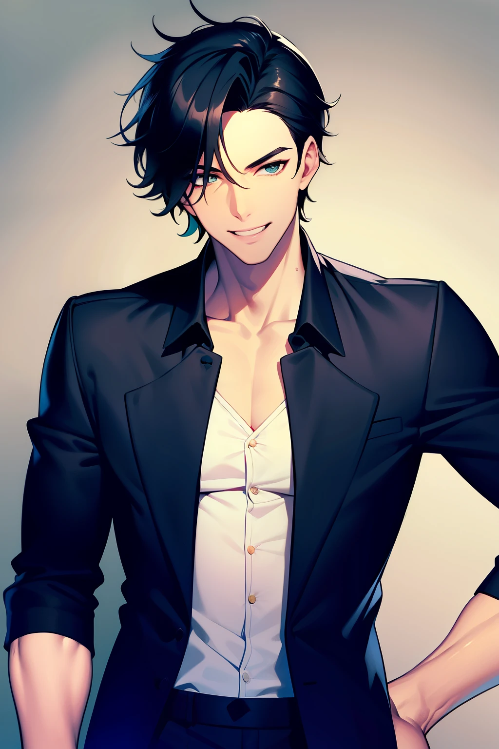 Young looking guy, sexy, atractive, male, 1guy, guy, smiling, black hair, confident, blue-green eyes, smirk, middle part hairstyle, messy hair, sassy
