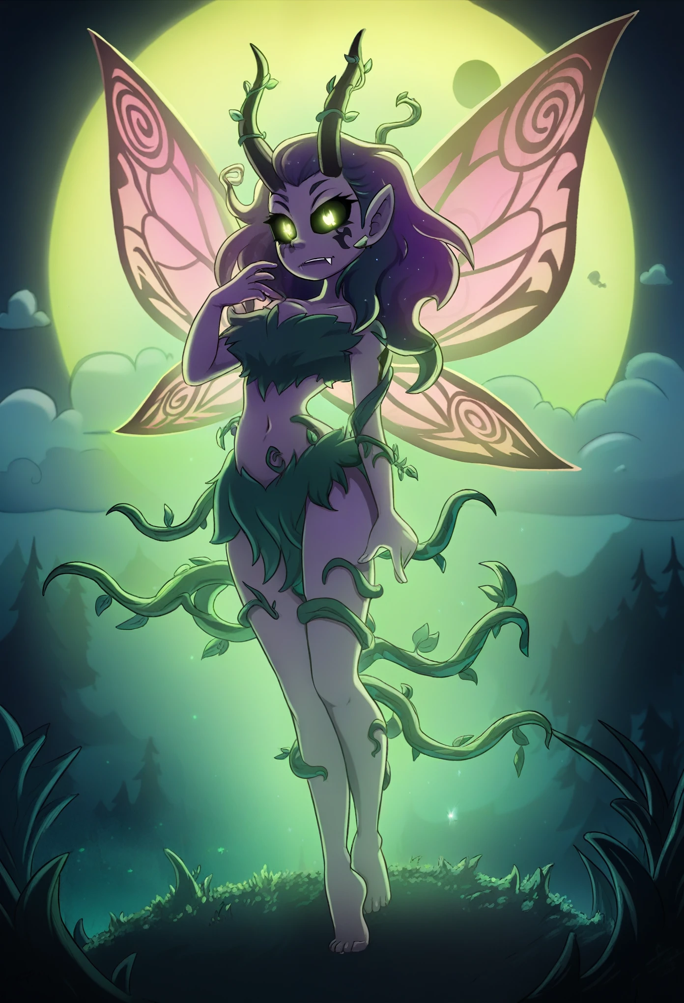 "A fairy-tale environment with a shadowy forest background, featuring tree silhouettes and prismatic coloration. The scene depicts a young woman with purple skin, glowing with heavy freckles. She has a unique, ethereal appearance with fluffy, cloud-like Glimmering Blue & green curls and two long Golden Demonic Curved Horns from her head, decorated with Ethereal Glowing runes. Her face is serious, with sharp Red glowing eyes and Black sclera, and a small, cute nose. She has deer-like ears and two small vampire-like fangs, adding a mystical touch to her expression. Her outfit is made from natural materials, like grass and leaves, designed to blend into the forest setting while remaining modest. She wears a form hugging bikini made from leaves and vines, which covers her body and creates a fairy-like silhouette, Her legs are wrapped in vines, giving a natural, forest-dwelling appearance. She has large, golden fairy-like wings with a delicate ethereal design and a set of two long fluffy, cloud-like white fox tails swaying gently behind her, both depicted with intricate details. She is standing barefoot in a forest clearing, in a poised and confident stance, suggesting she is ready for an adventure. The scene is filled with a magical, otherworldly atmosphere the overall enchantment of her appearance. detailed face, extremely detailed eyes, masterpiece, 4k, 8k, highres, ultra-detailed, physically-based rendering, professional, vivid colors, studio lighting cinematic lighting, dramatic lighting, fantasy, dramatic composition, dynamic pose, volumetric lighting, reflective lake, reflective lake, vivid colors, intricate details, breathtaking scenery, glowing magical energy, intricate fantasy character, highly detailed face, piercing gaze, sharp features, long eyelashes, ethereal, glowing runes on body, mystical,