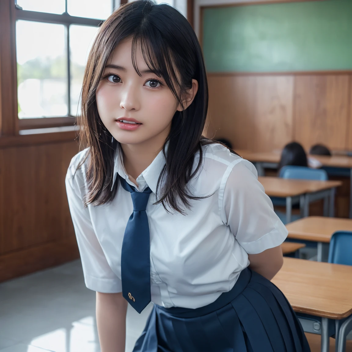 Tabletop, highest quality, Japanese Girls,One Girl, 8k, RAW Photos, highest quality, Tabletop, Debtdebt:1.2, Highly detailed RAW color photos, Professional photos, (Realistic, Realistic:1.37), (Highly detailed skins:1.2), Ultra-high resolution, (Lenz 50mm), (debt/1.2),Exquisitely drawn eyes,Gazing at the audience,
One Girlと別れる (Many elderly people:1.4), Beautiful Face, cute,(smile:1.05),(20-year-old, Wide Hips,Straight hair, (short hair), iris, white and fine-grained skin,Small Mouth, high cheekbones (meaning), Sexy pose,(Leaning forward:1.3),(The to the debtW:1.1),White panties、Korean Idol、Nogizaka Idol、Carving an idol pose、Adult、、(Tabletop, highest quality:1.3), (Ultra-fine 8K CG:1.2), (Ultra-realistic:1.35), (Realistic:1.45), (Realistic:1.4), Cowboy Shot,
Beautiful Japanese Women, 2, Supermodel, Japanese Idols, , (Sitting at a desk:1.1), (school uniform:1.4), (Skirt flip:1.6),
(School classroom background:1.1),