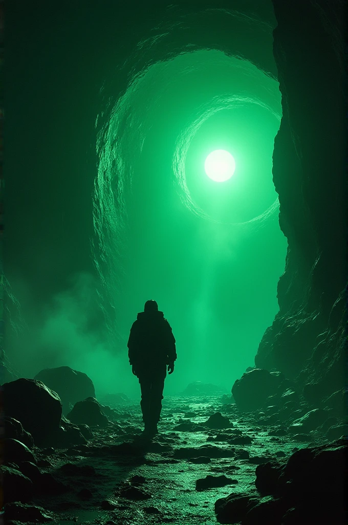 ((best quality)), ((masterpiece)), (detailed), alien base Filled with fear, the sailor approaches and sees alien beings inside, engrossed in advanced technology beyond his understanding. (night green)