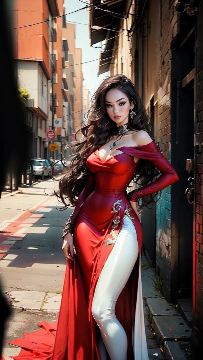 full-length shot, 8k (Masterpiece: 1,2), (Photorealistic:1,2), Ultra-realistic, (Photo Model: 2) Standing tall in high heels, (Super thoughtful, extravagant tight-fitting evening dress, red long satin dress), (((with a perfect figure resembling an hourglass))), Very beautiful face and eyes, (light makeup, eyeliner), huge natural breasts, (Full breasts:1,3), Attention to detail, Double eyelashes, necklace, Dressed in a chic red dress, full figure, lesbian, ((light dark brown (hair arranged on two sides), extreme detail)), ((brown eyes)), Dark Gothic makeup, 16K, UHD, very detailed, volumetric warm lighting, looking into the camera, happy smile, provocative standing pose, Standing with legs apart, sexy look, bright eyes, (((full-length image from head to toe legs 1.2))), the figure of Megan Fox in a red dress, (((body image 1.2))), on the street in a respectable neighborhood in Beverly Hills, one hand on her hip, open neck. 8k