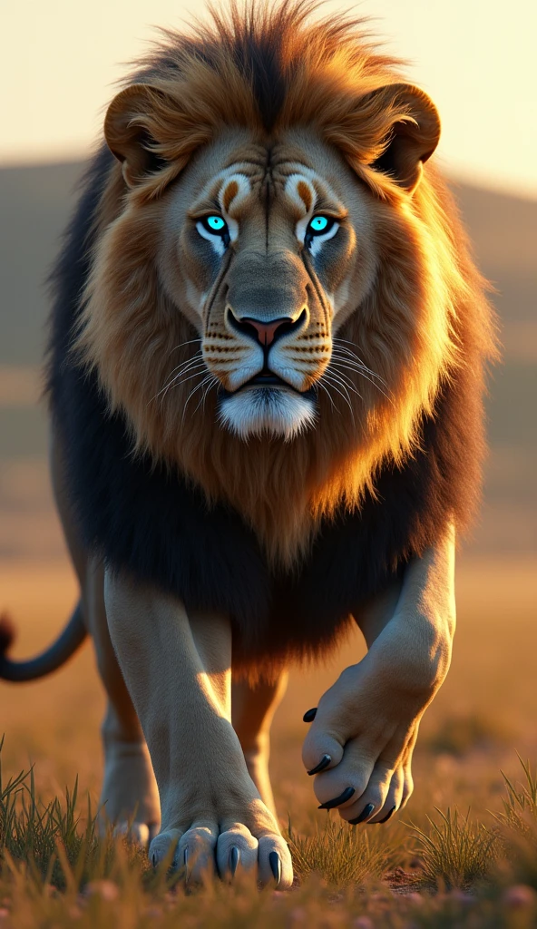 Generate an ultra realistic 8k image of a big strong blue-eyed lion