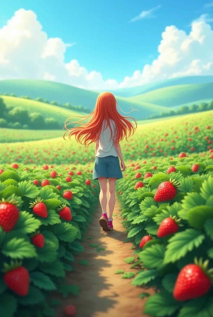 Strawberry fields realistic with a girl with red hair