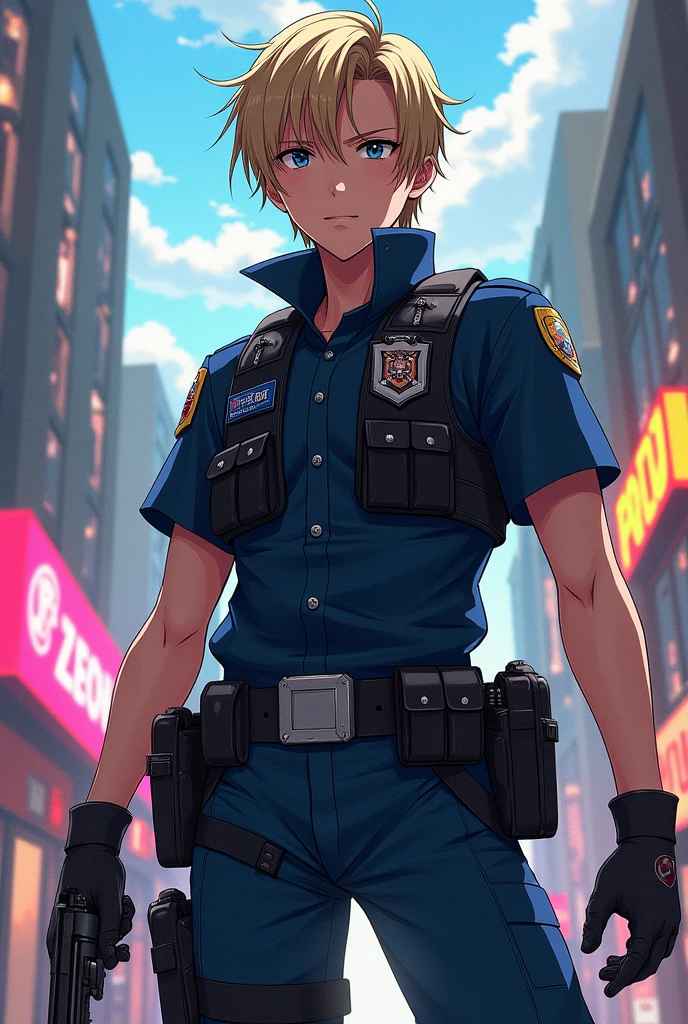 Police officer Leon S Kennedy, with official model of resident evil 4 original, in the style of Sailor moon classic anime