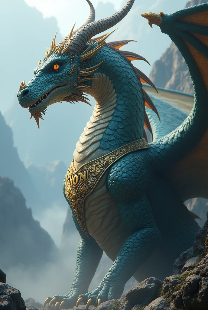 A legendary dragon with a collar that says HON on its chest 