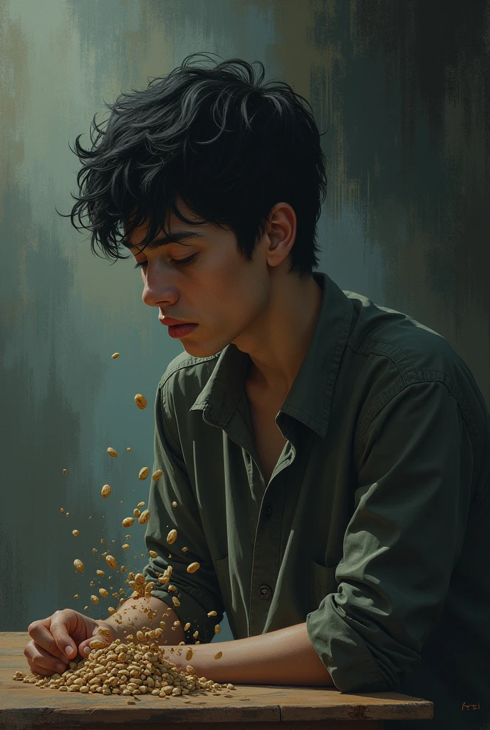 Represent the following text in an image: Certo dia, an unhappy boy man bloomed in the morning. In your thoughts, almost all of his convictions were null and void, only assumed importance in a discussion in the mirror. The boy man did not see in himself a foundation and, so as not to leave him in the state of complete dehumanization that he himself places himself in, I reveal that his name is Roberto. Such a being lost everything he loved most during his life., His face conveyed this almost instantly, exposing the pains of your existence. But the young man did not dwell on his condition., accepted it and had faint hopes for the future. Roberto loved someone, the signs of clear error did not frighten him, he had become accustomed to making mistakes. everything, everything was a mistake, everything was wrong. Creia, even with primitive fears, of those that primitive man felt when he saw a bush move before being killed by a jaguar during any transhumance, who could follow the seemingly common path of finding the love that would neutralize the bitterness of his life. As if your spirit took over your actions, or the souls that consulted the oracle of Delphi expressed all their influences to it, the boy man consulted fate by bean seeds, faith was enough for him. He hoped for good winds over his platonic love, still, did not occur. — That's nonsense.! Fate would not answer me for bean seeds! — He said, However, the man didn't even believe in destiny, not by conviction, but it was more comfortable for his fear to assume such a convention, since I sensed that, if it existed, his destiny was to suffer, Nothing else. And his life followed the flow of events, until it collided with the precious stone that had been born in time for five of its incarnations, and life became two, pre-renaissance, post-renaissance, they were two of one, one dead and the other alive. It was really reborn? Ora, nobody knows, are things of destiny...