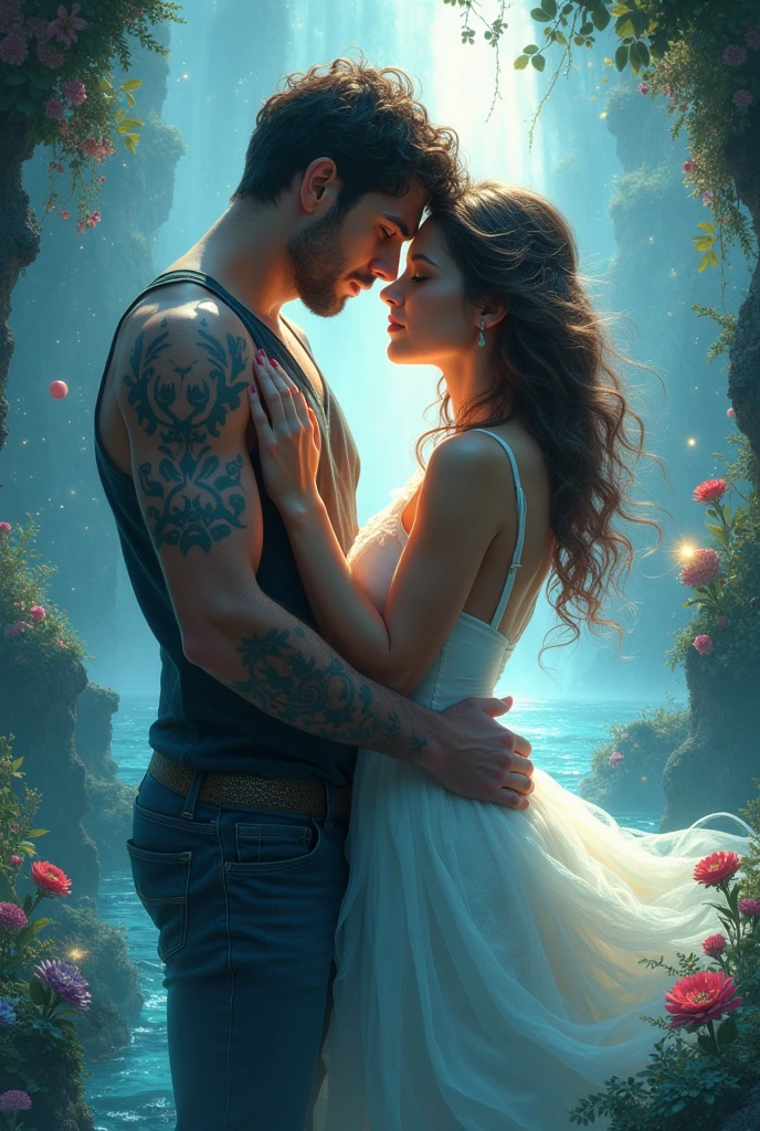 Create an image of an Aquarius man and a Gemini woman in intimacy in fantasy
