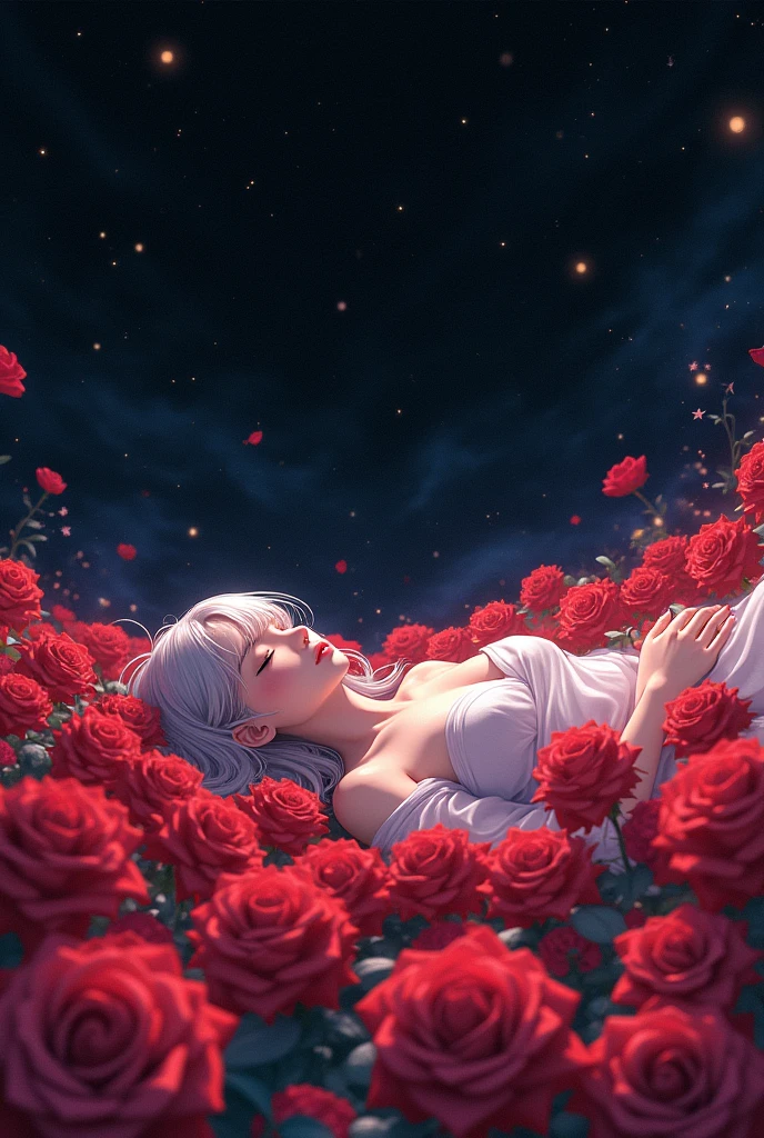 vast outer space, with a female in a bed of roses, beautiful anime