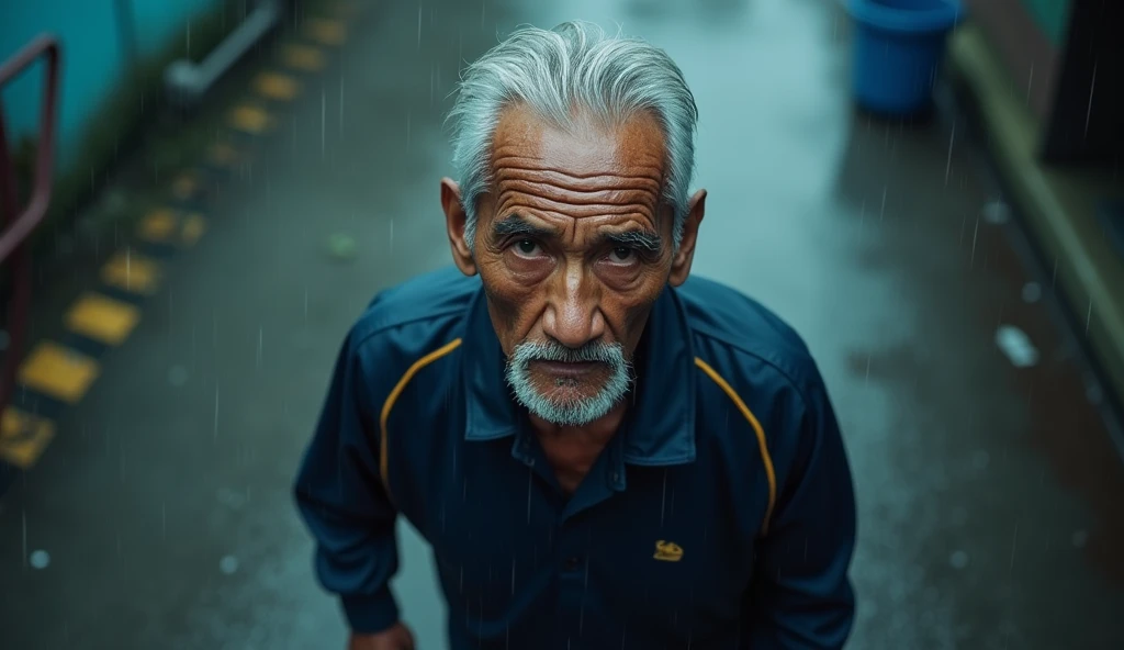 A photograph of a malay old man in dark blue sport attire walking in the rain making eye contact with the viewer in a mid-shot view, 35mm lense, Top-Down Shot, Deep Focus cinematography effect, Natural Lighting, cool-toned color grading, high quality, ultra detail, 8k resolution,