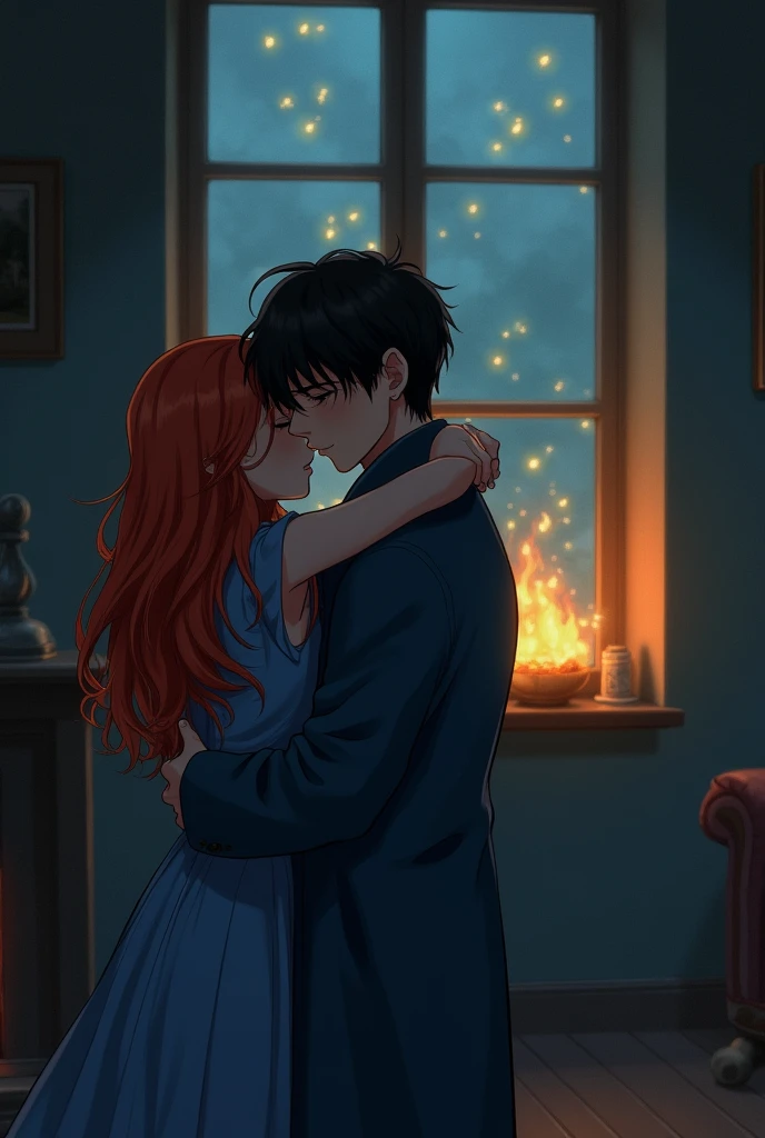 Create an image of a red-haired girl hugging a black-haired boy in a blue overcoat in a dark room with fireflies in the window, in an old video style