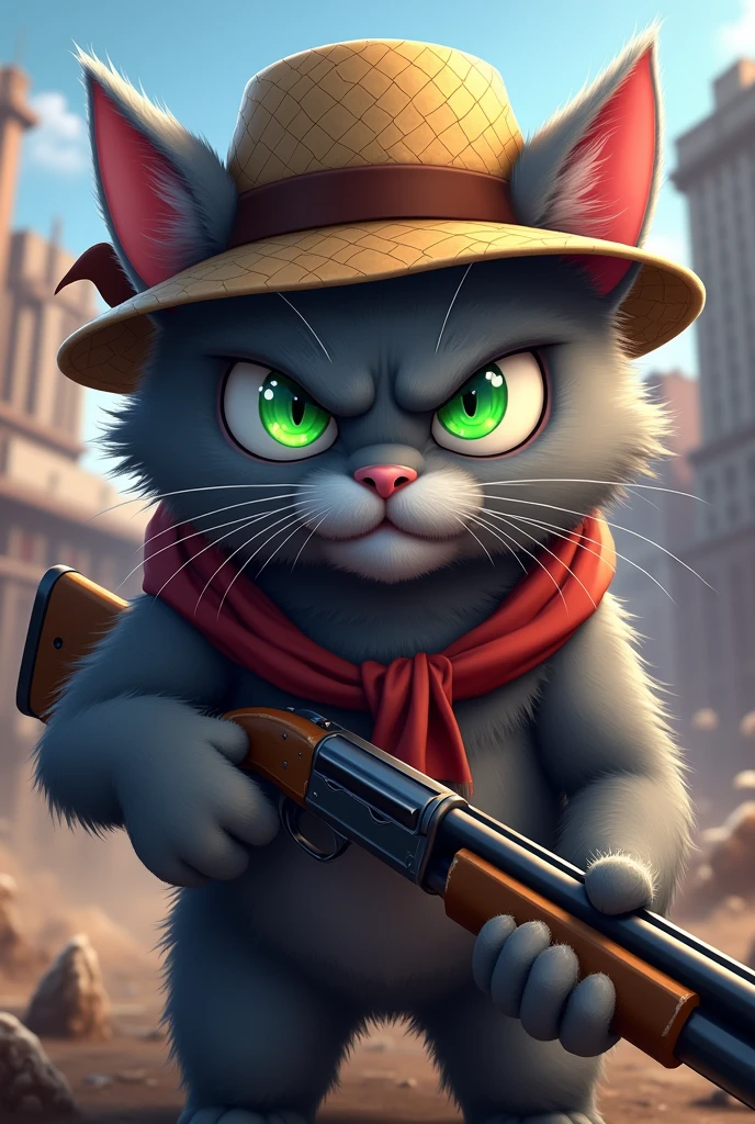 Angry gray cat with green eyes anime in free fire theme with straw hat on head, with a 12 gauge gun in his hand 