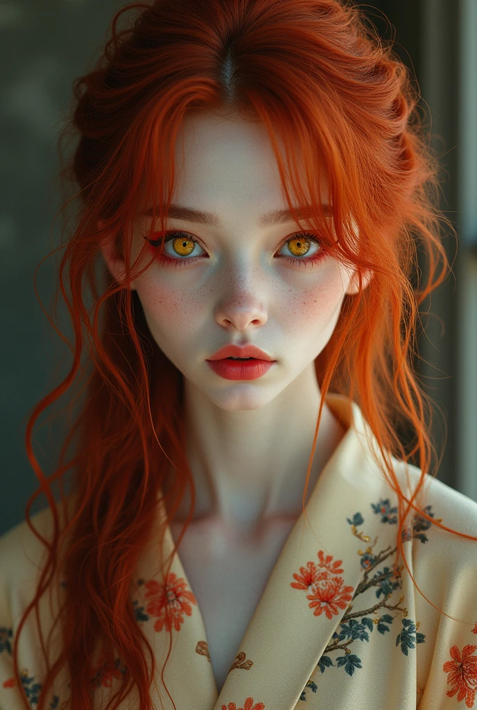 20 year old woman, Pale skin, long, disheveled red hair, intense yellow eyes, She has red makeup on her eyelids, with a serious expression but with a small smile dressed, with a kimono with flowers and trees.