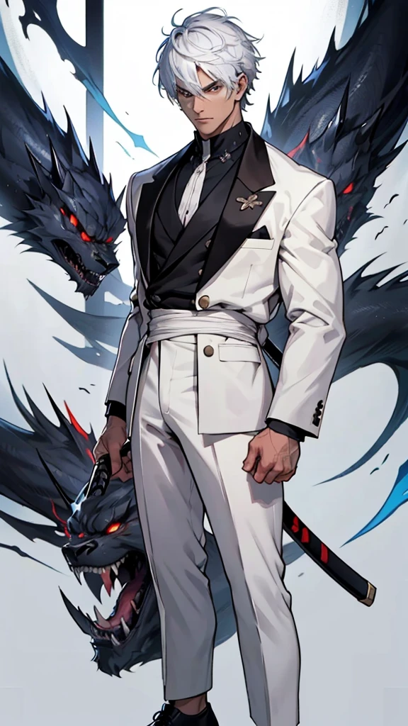 Age 2 Gender Male Appearance strong and scary He is wearing a smart white suit that contrasts with his polished black shoes.
   Your hair is very short and black, complementing your sophisticated style.
   He has a prominent scar on his face., that adds an air of mystery and experience to your look.
  He holds two katanas, one in each hand, He is in an alert posture, preparado para o combate, with an intense and serious look