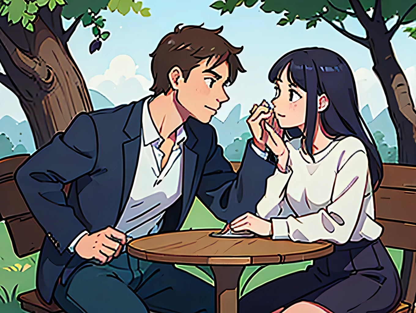 Man and woman, sitting beside a tree, romantic conversation, joy, (insanely detailed, perfect faces, upper body)