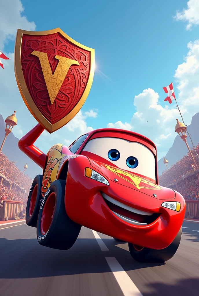 lightning mcqueen celebrating with vasco&#39;s shield