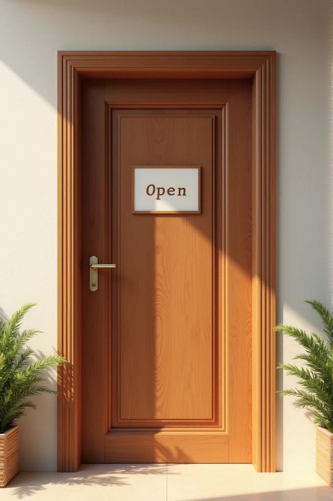 Open brown door with a sign that says: open. 