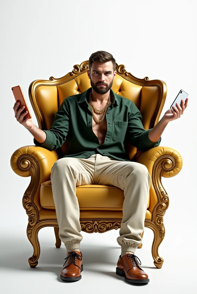 handsome russian man, in dark green shirt and cream cargo pants, gold chains in neck, sitting on a golden royal crown wingback sofa, in relaxing pose, and holding apple ipad screen towards the viewers with both hand, in white background