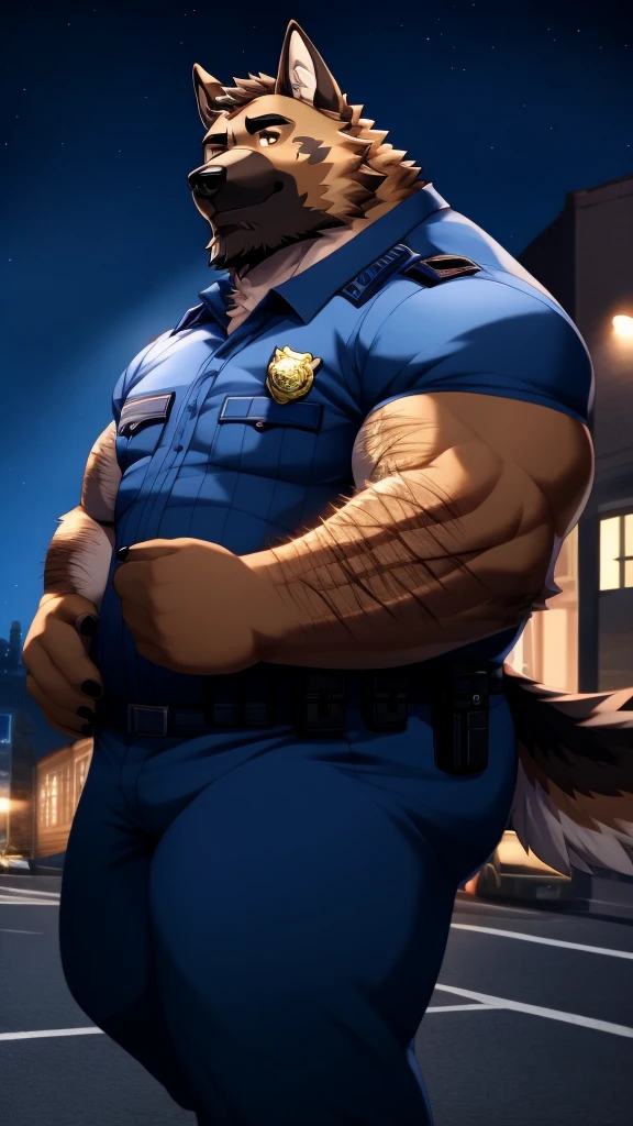 anime style, aid210, nj5furry, ((whole body)), ((police uniform)), standing, ((plump middle-aged german shepherd man)), BREAK ((brown eyes)), one eye closed, beautiful beard, beautiful ears, (male face:1.3), (big face:0.5), square jawline, (Male Eyes:1.2), (sharp eyes:0.8), (big eyes:0.5), male eyebrows, (innocent look:0.5), (beautiful black nails down to the last detail:1.2), BREAK (complete Anatomy), (detailed face:1.3), beautiful face, (detailed body), (beautiful hands:1.2), (detailed fingers:1.2), (detailed eyes:1.1), (beautiful Eyes:1.1), arm details, Leg Details, beautiful feet, BREAK Muscular anthlo, body hair, ((hairy skin)), fluffy, (blood vessel:-0.8), (glowing Skin:-0.7), (chest hair:0.5), (1 tail), (a beautiful and detailed small tail), BREAK night sky, city, outdoor, ultra detailed, highest quality, ultra-high resolution, realistic, 16K, masterpiece, beautiful detailed, perfect solution, absurdists, (faint light),