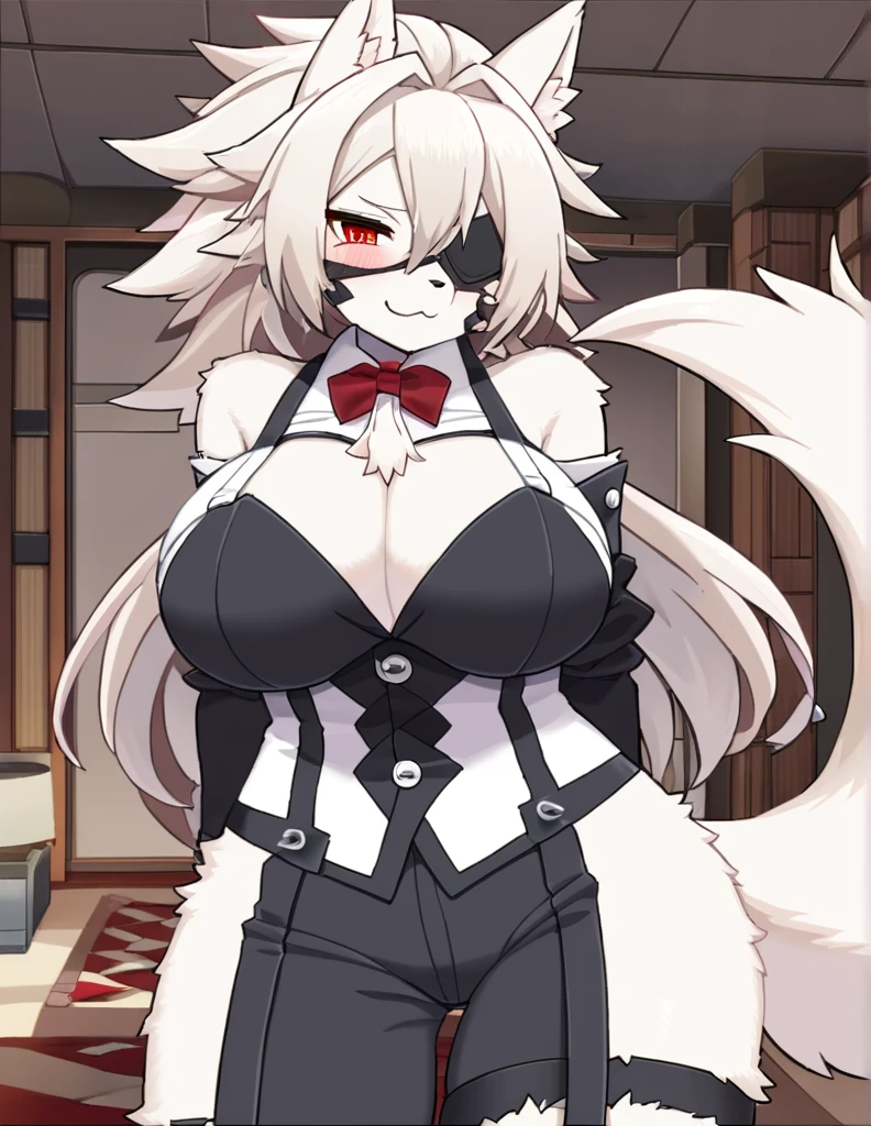 top quality, best quality, by yamame513, High-quality illustrations, masterpiece, uploaded on e621)(kemono, furry, anthro, alone), Zenless Zone Zero, round, 1 female, hot mother figure, very detailed body, white wolf, Von Lycaon, (Zenless Zone Zero), white fur, fluffy, big breasts, tail, perfect eyes, red eyes, eye patch, butler clothes, room, body movement, body twitching, shy smile, red blushing, looking at viewer,