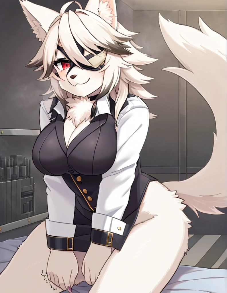 top quality, best quality, by yamame513, High-quality illustrations, masterpiece, uploaded on e621)(kemono, furry, anthro, alone), Zenless Zone Zero, round, 1 female, hot mother figure, very detailed body, white wolf, Von Lycaon, (Zenless Zone Zero), white fur, fluffy, big breasts, tail, perfect eyes, red eyes, eye patch, butler clothes, room, body movement, body twitching, shy smile, red blushing, looking at viewer,