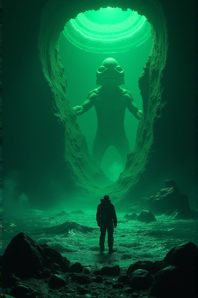 ((best quality)), ((masterpiece)), (detailed), alien base Filled with fear, the sailor approaches and sees alien beings inside, engrossed in advanced technology beyond his understanding in the middle sea . (night green)