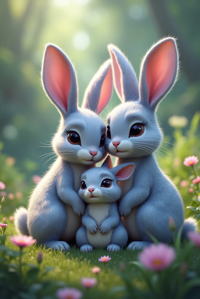 LEAD-COLORED RABBIT FAMILY WITH ONE CHILD