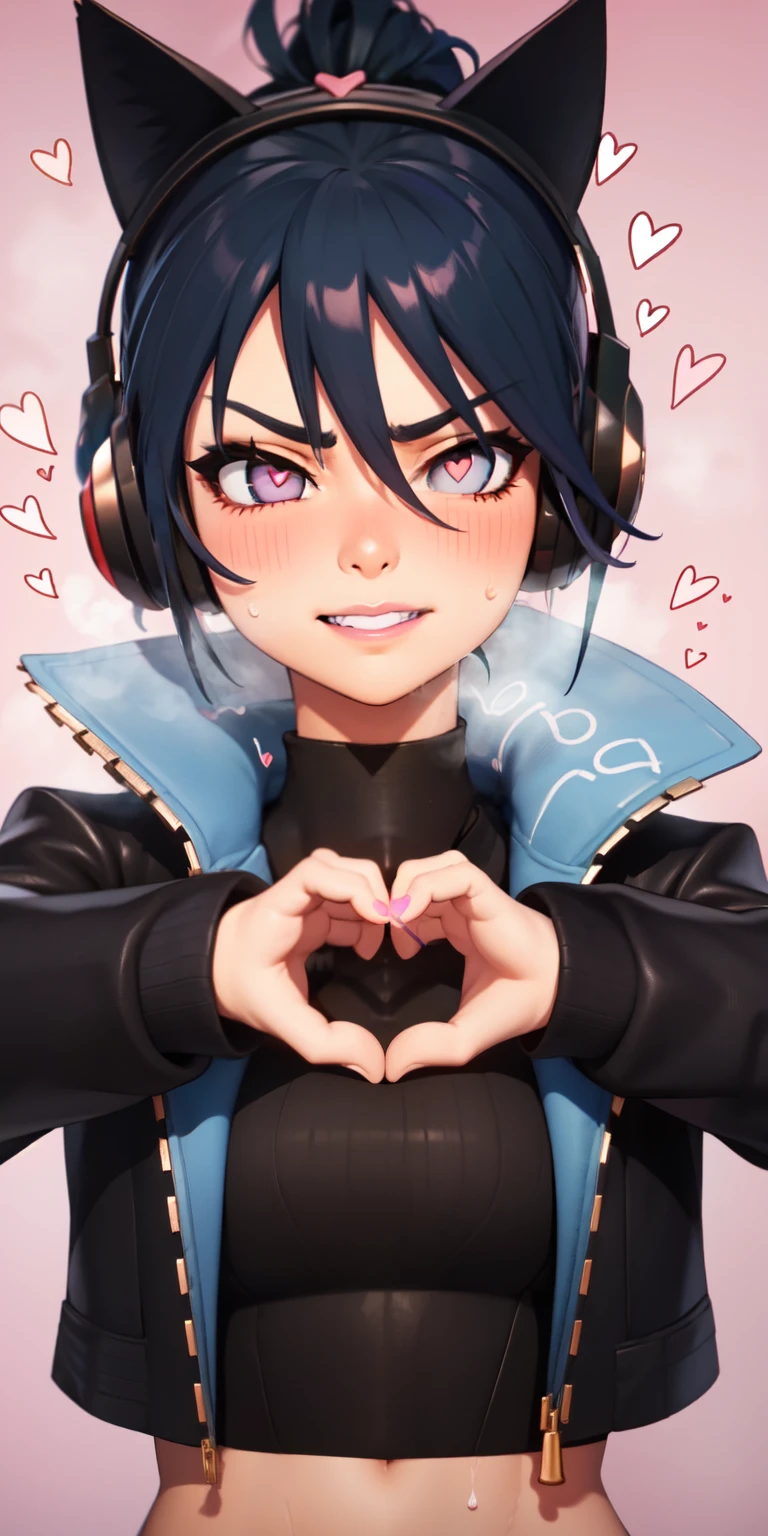 1girl,heart-shaped pupils,heart-shaped_pupils,blue hair, ponytail, short hair, pink eyes, eyeshadow, (blush:1.1),upper body,trembling, outstretched arms, sweat,sweatdrop,heart,(speed lines:1.1),medium breasts, ((heavy breathing:1.3)), love, heart, black jacket, jacket crop top, cat ears headphones, black crop top, angry, purple lips, evil smile