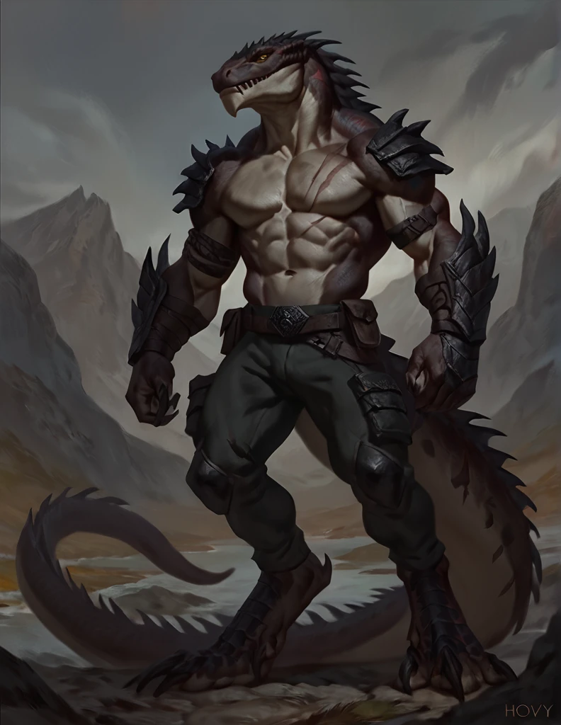 a ferocious male lizardfolk, anthro Glavenus, athletic, mercenary, pants, solo, scaly detailed body, full body, scars on body, cream and gray color body, yellow eyes, giant tail, comicbook style, best quality, 4k, ultra-detailed, by laobai, by taran fiddler, by honovy